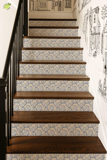 Cobalt Coastal Arabesque Wave peel and stick stair riser decals, photo 7 of 8