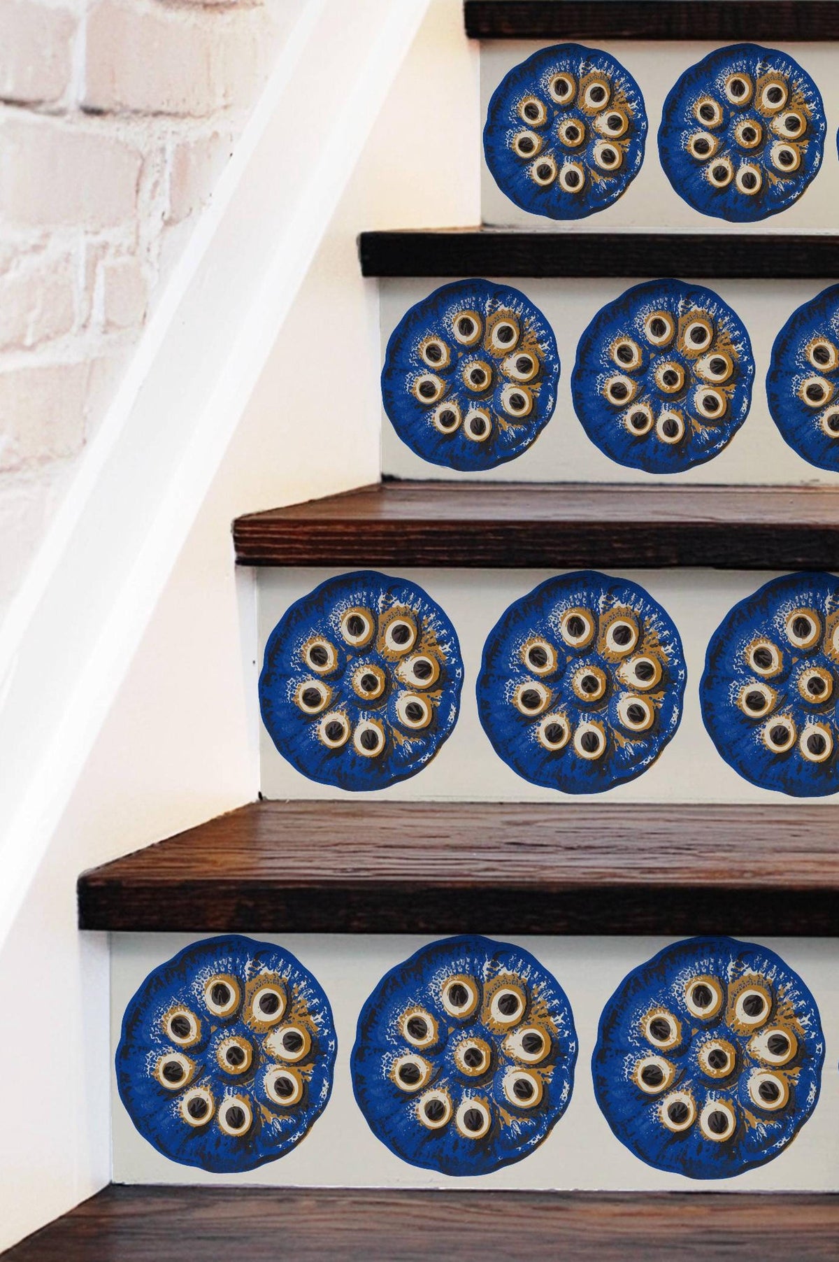 Cobalt Lotus Seed Pod Screen Print peel and stick stair riser decals