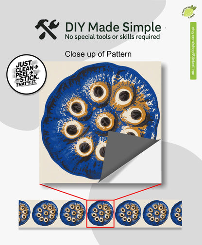 Cobalt Lotus Seed Pod Screen Print peel and stick stair riser decals, photo 2 of 8