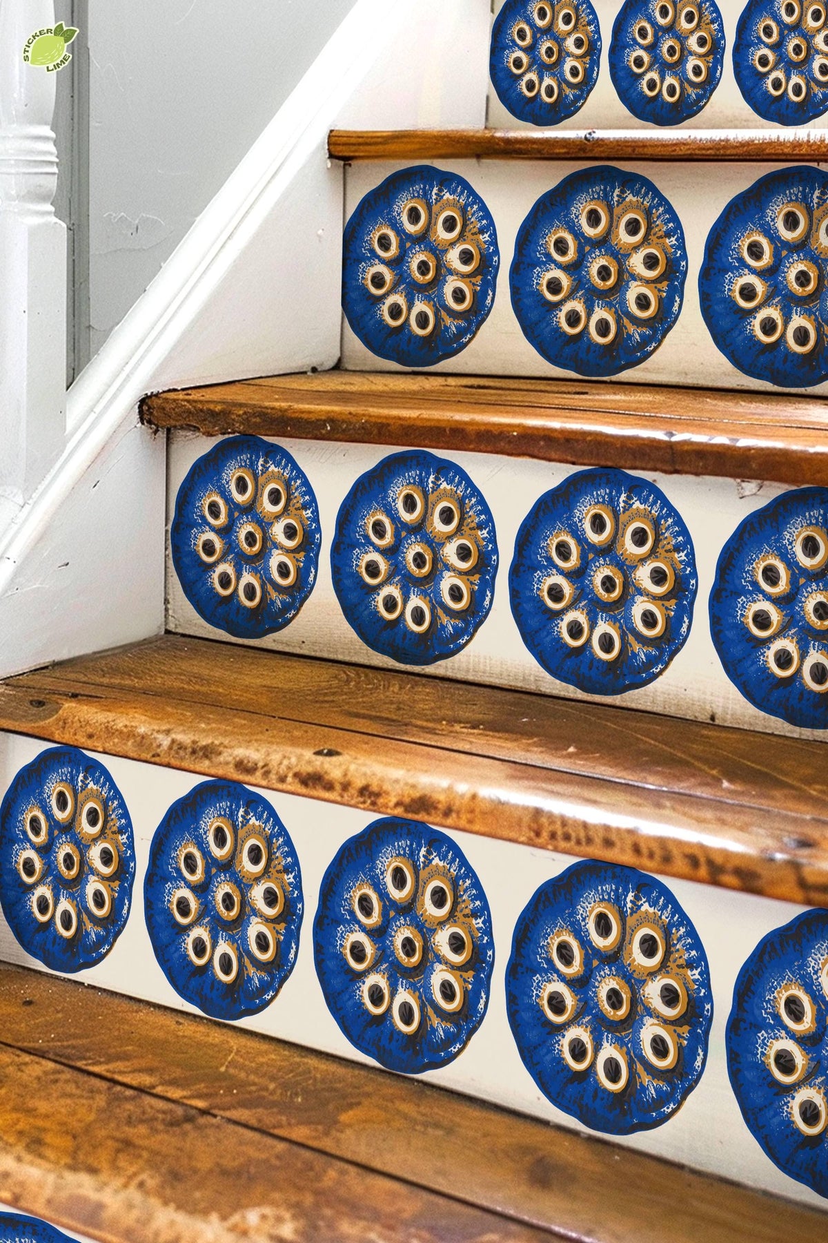 Cobalt Lotus Seed Pod Screen Print peel and stick stair riser decals, photo 3 of 8