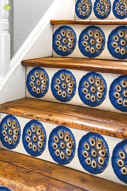 Cobalt Lotus Seed Pod Screen Print peel and stick stair riser decals, photo 3 of 8