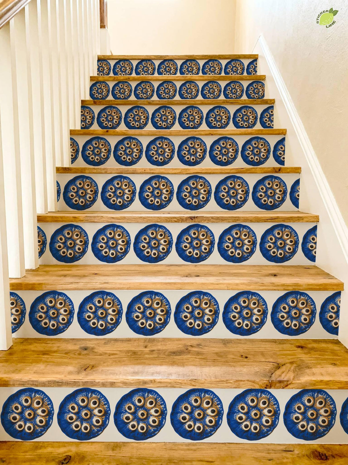 Cobalt Lotus Seed Pod Screen Print peel and stick stair riser decals, photo 4 of 8