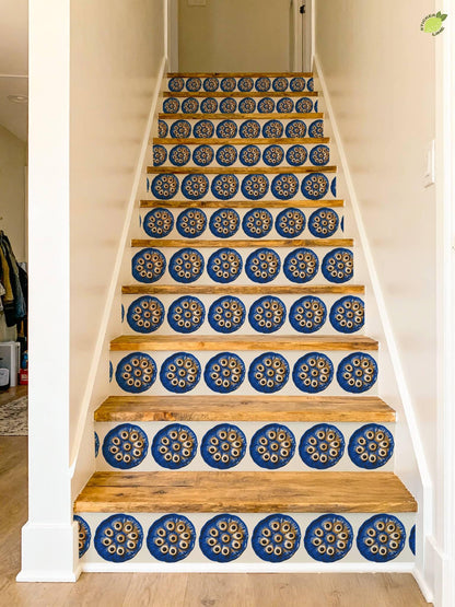 Cobalt Lotus Seed Pod Screen Print peel and stick stair riser decals, photo 6 of 8