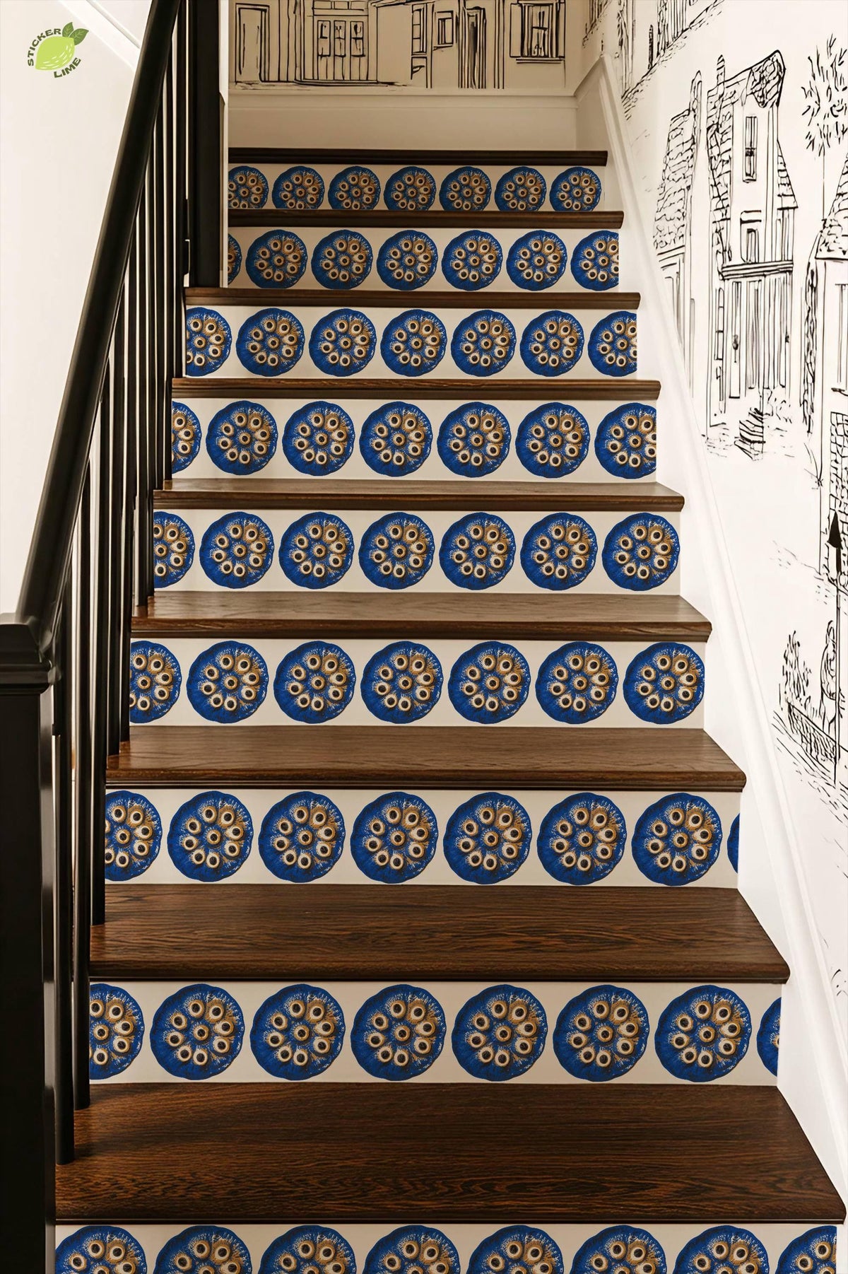 Cobalt Lotus Seed Pod Screen Print peel and stick stair riser decals, photo 7 of 8
