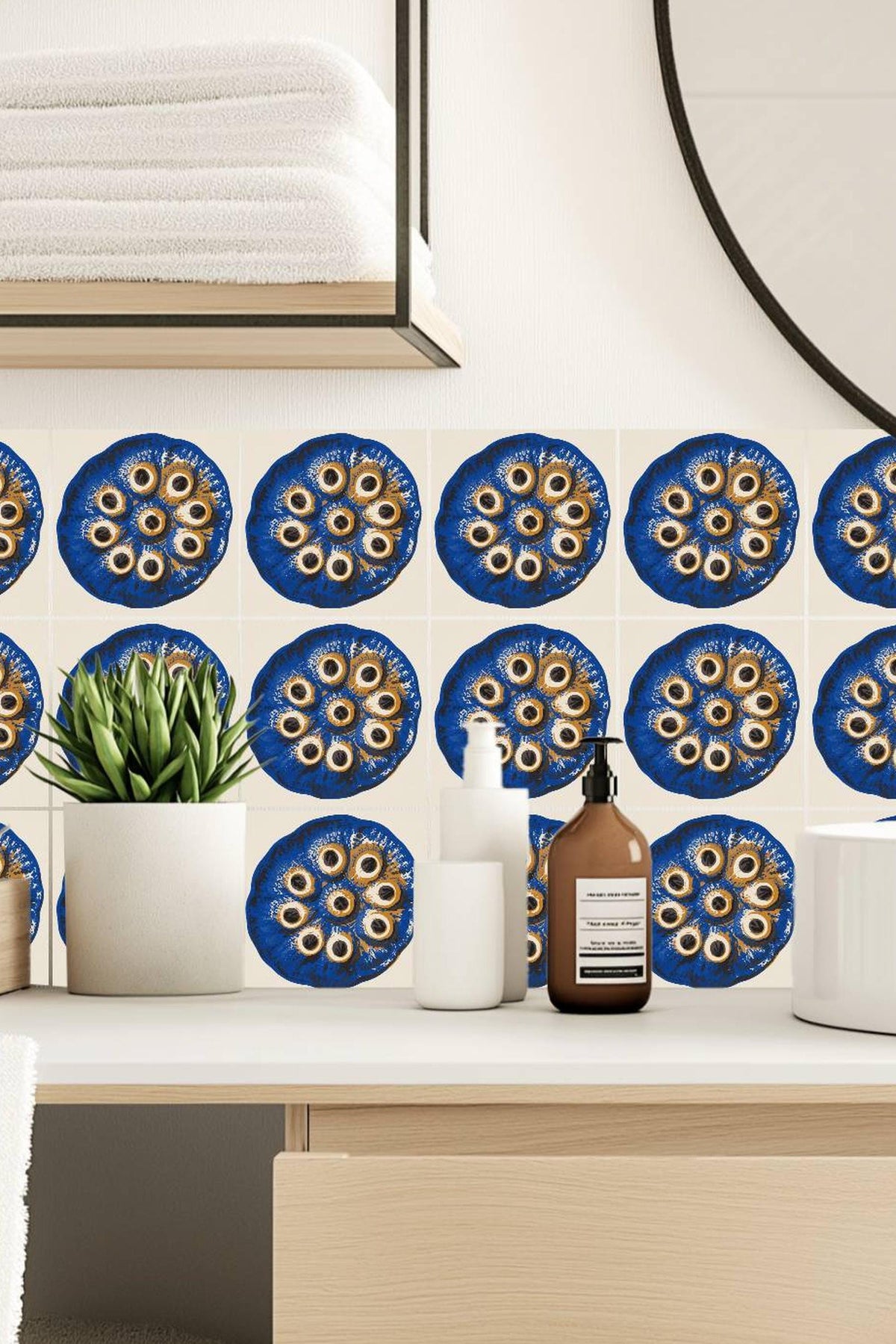 Cobalt Lotus Seed Pod Screen Print peel and stick tile decals