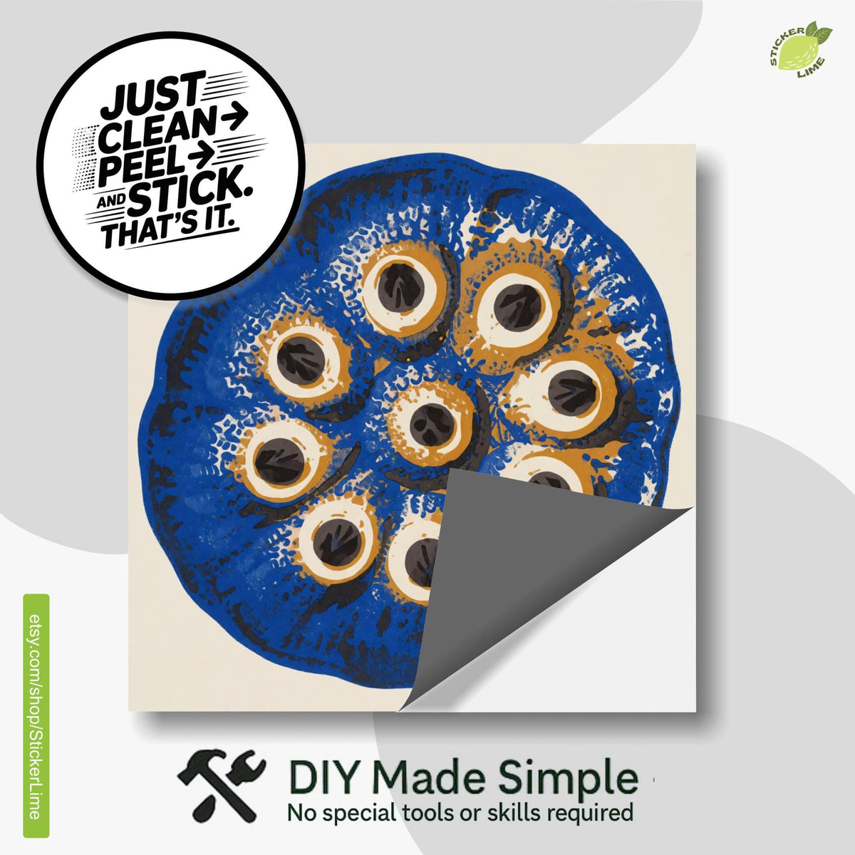 Cobalt Lotus Seed Pod Screen Print peel and stick tile decals, photo 2 of 8