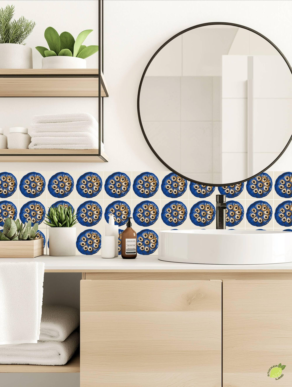 Cobalt Lotus Seed Pod Screen Print peel and stick tile decals, photo 3 of 8