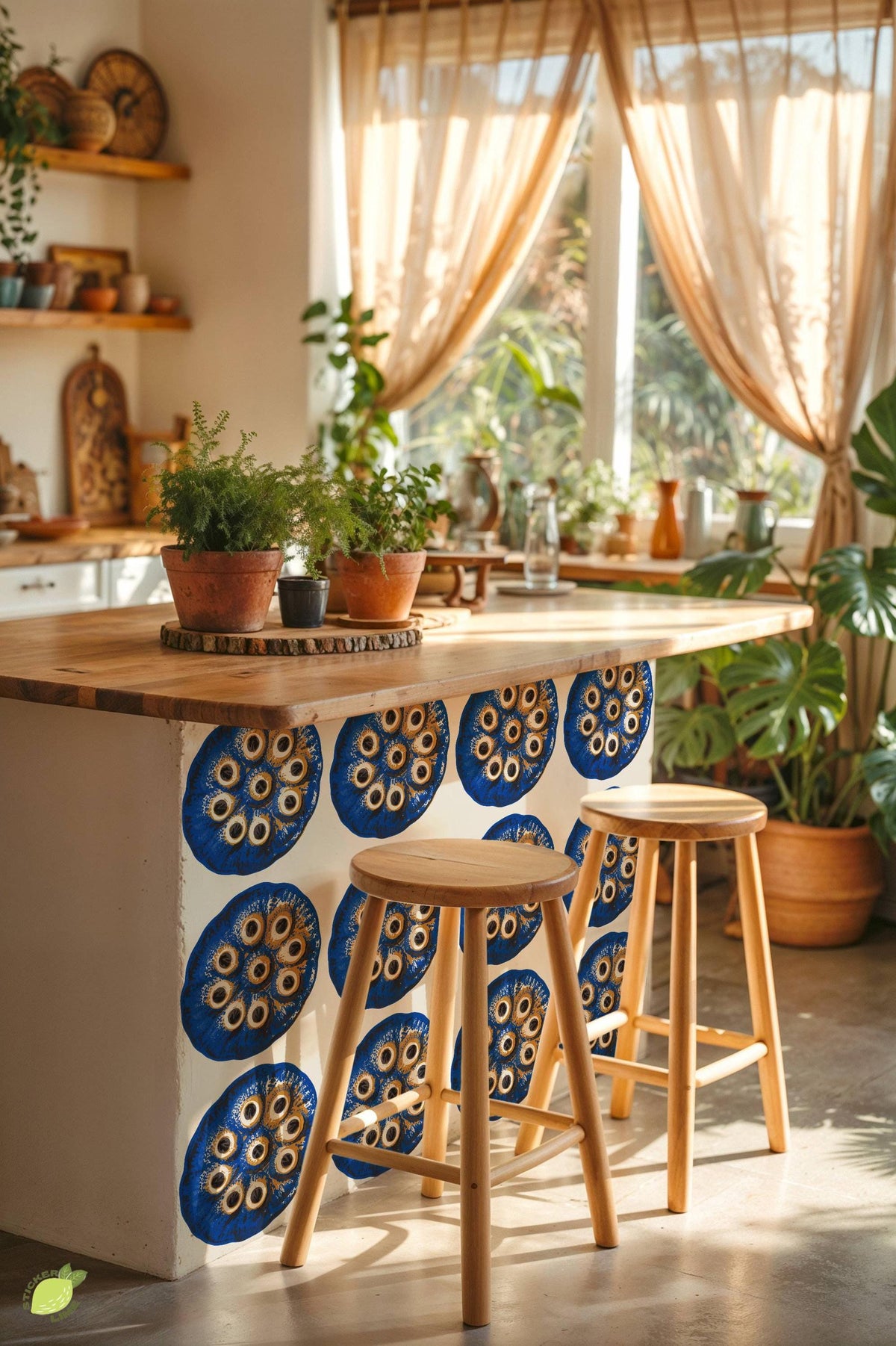 Cobalt Lotus Seed Pod Screen Print peel and stick tile decals, photo 4 of 8
