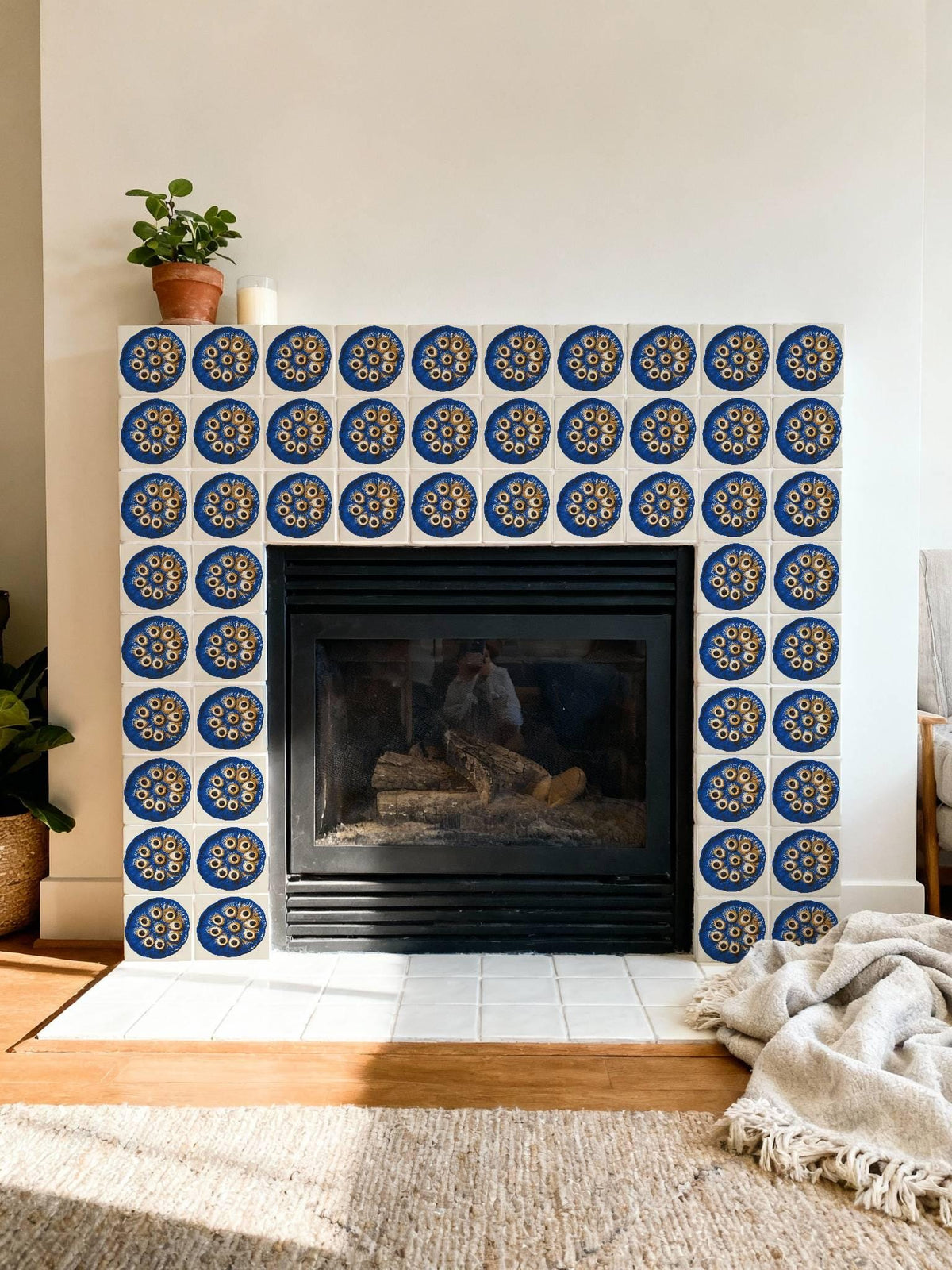 Cobalt Lotus Seed Pod Screen Print peel and stick tile decals, photo 6 of 8