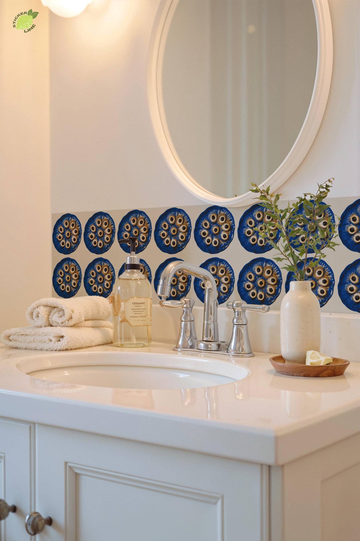 Cobalt Lotus Seed Pod Screen Print peel and stick tile decals, photo 7 of 8