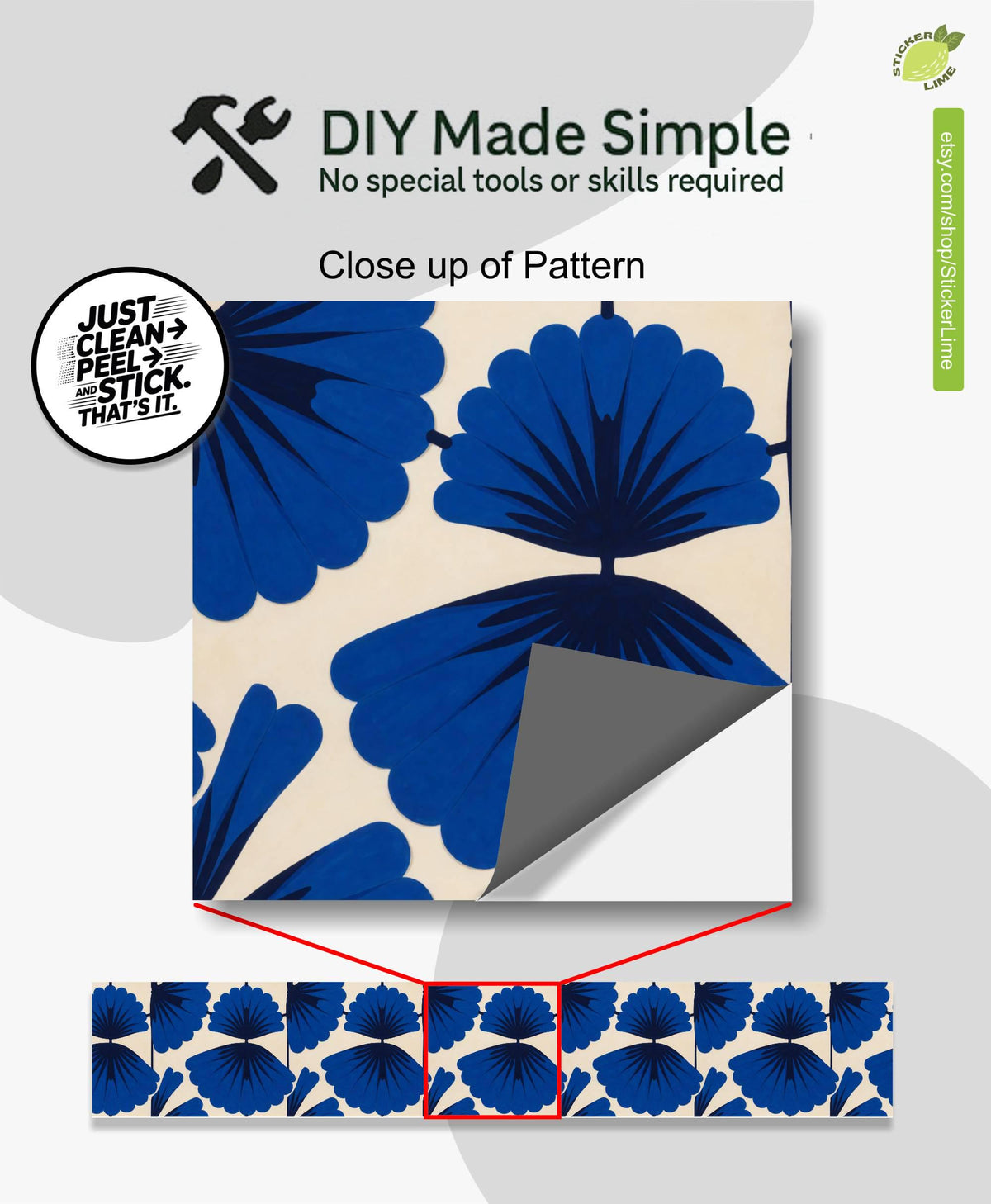 Cobalt Macro Scallop Medallion peel and stick stair riser decals, photo 2 of 8
