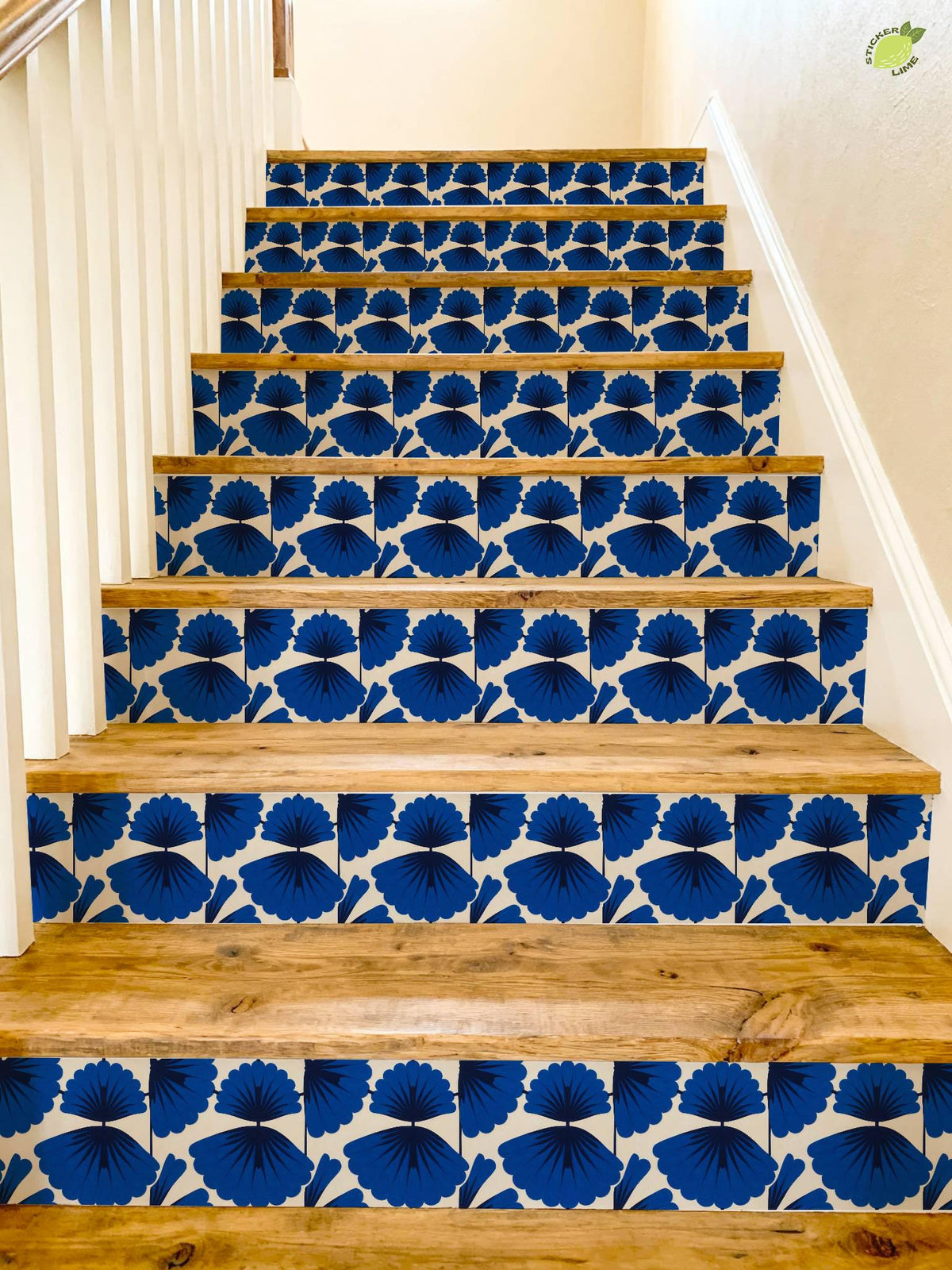 Cobalt Macro Scallop Medallion peel and stick stair riser decals, photo 4 of 8