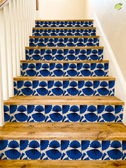 Cobalt Macro Scallop Medallion peel and stick stair riser decals, photo 4 of 8