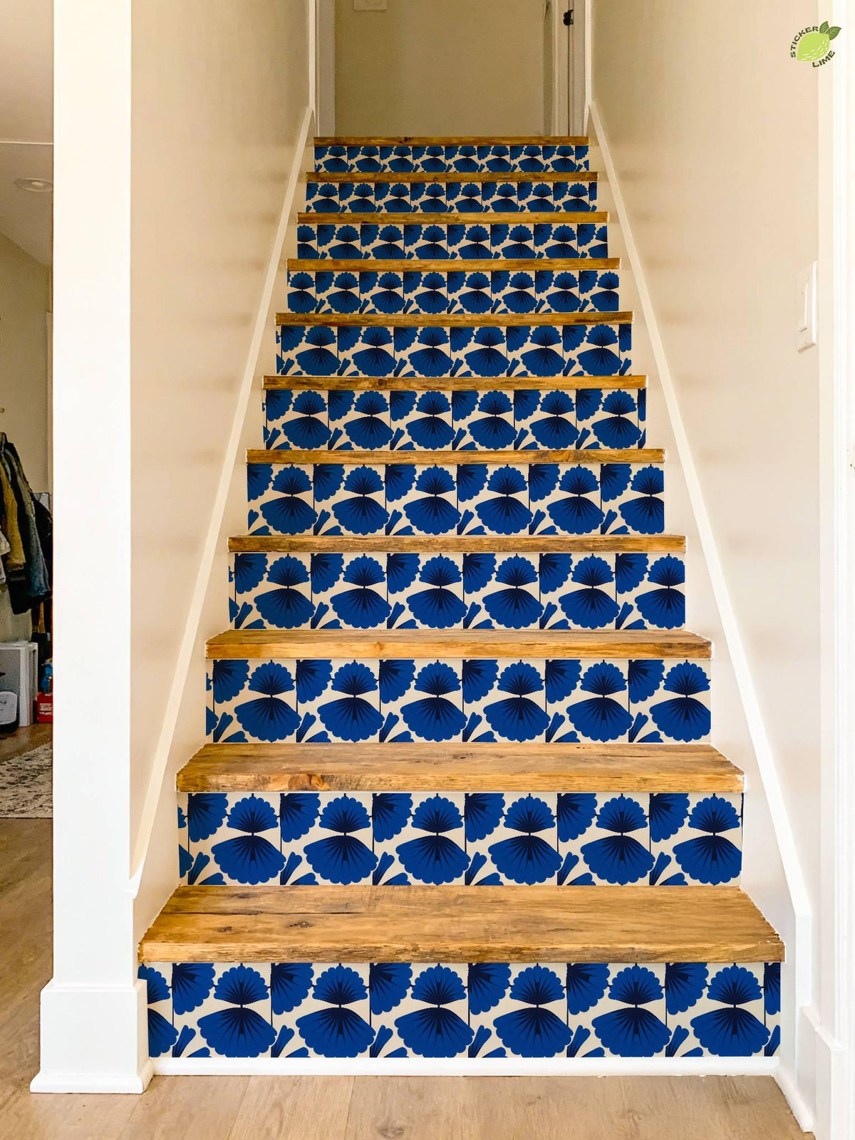 Cobalt Macro Scallop Medallion peel and stick stair riser decals, photo 6 of 8