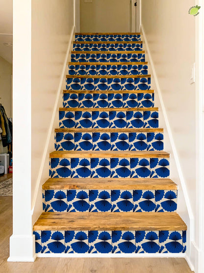 Cobalt Macro Scallop Medallion peel and stick stair riser decals, photo 6 of 8
