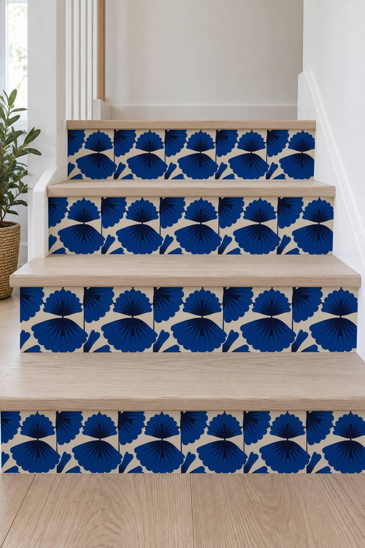 Cobalt Macro Scallop Medallion peel and stick stair riser decals, photo 7 of 8