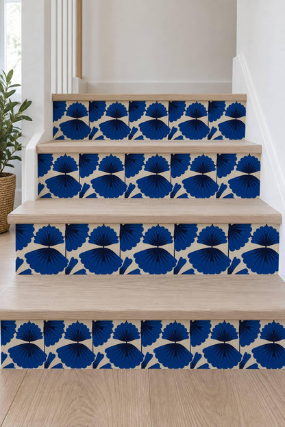 Cobalt Macro Scallop Medallion peel and stick stair riser decals, photo 7 of 8