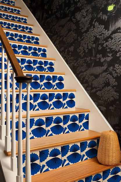 Cobalt Macro Scallop Medallion peel and stick stair riser decals, photo 8 of 8