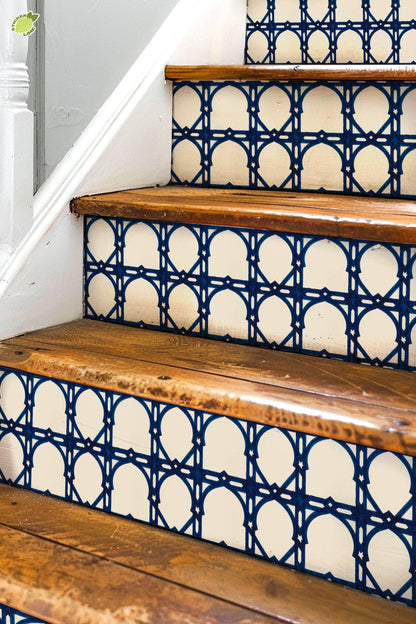 Cobalt Moroccan peel and stick stair riser decals, photo 3 of 8