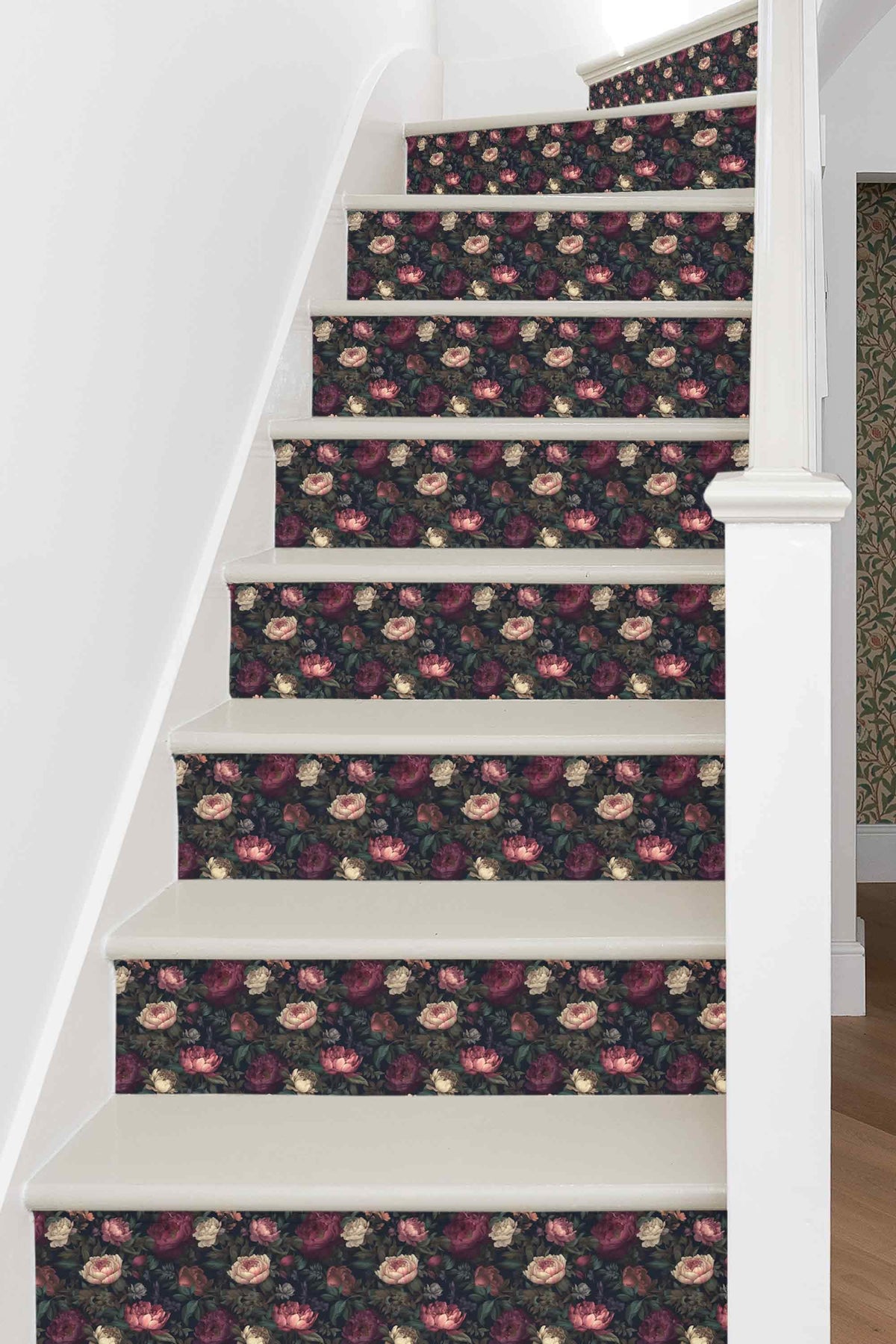 Dark Floral Peony peel and stick stair riser decals