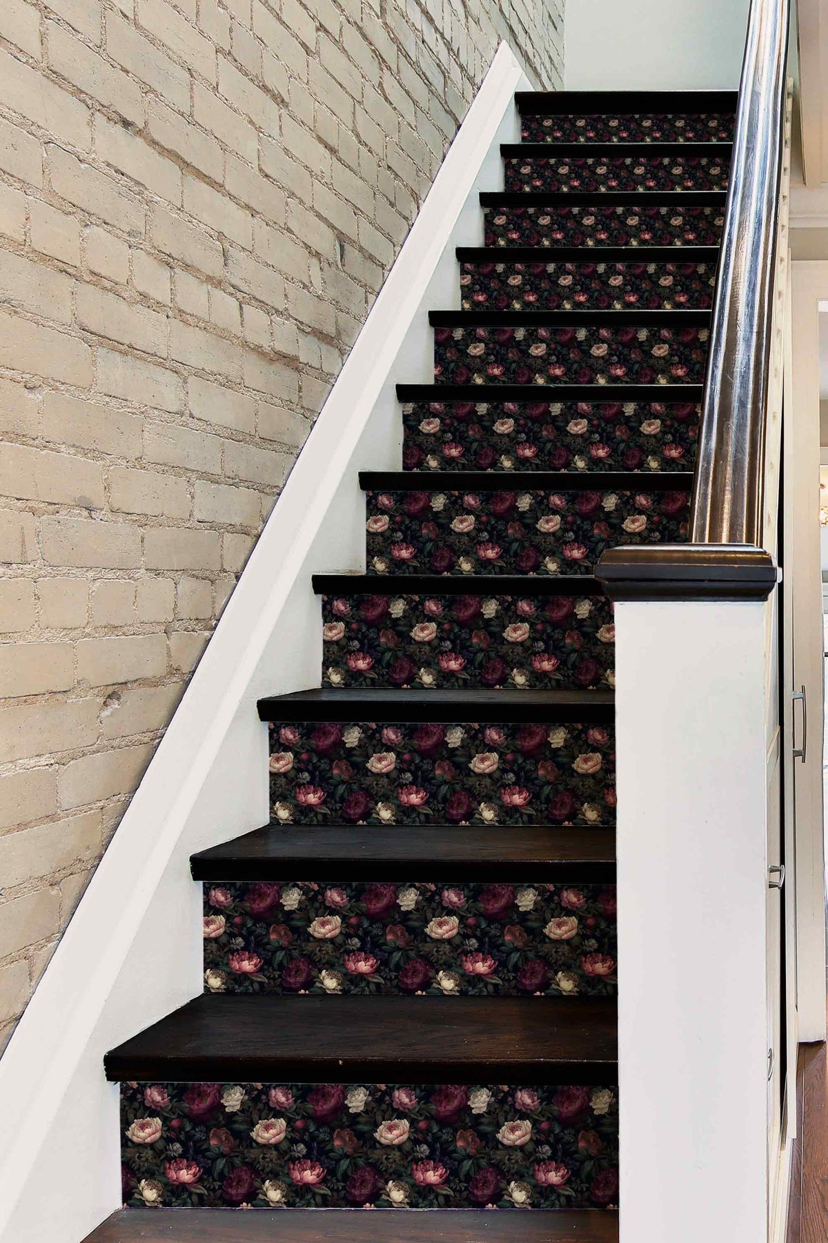 Dark Floral Peony peel and stick stair riser decals, photo 2 of 6