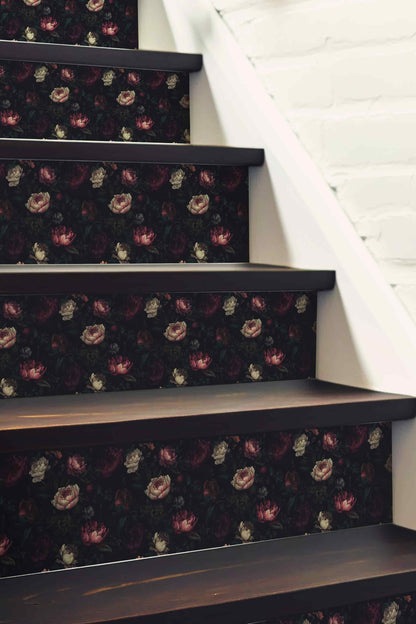 Dark Floral Peony peel and stick stair riser decals, photo 3 of 6