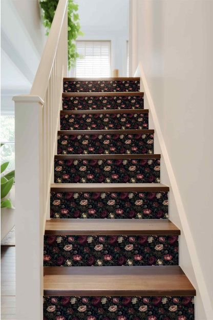 Dark Floral Peony peel and stick stair riser decals, photo 4 of 6