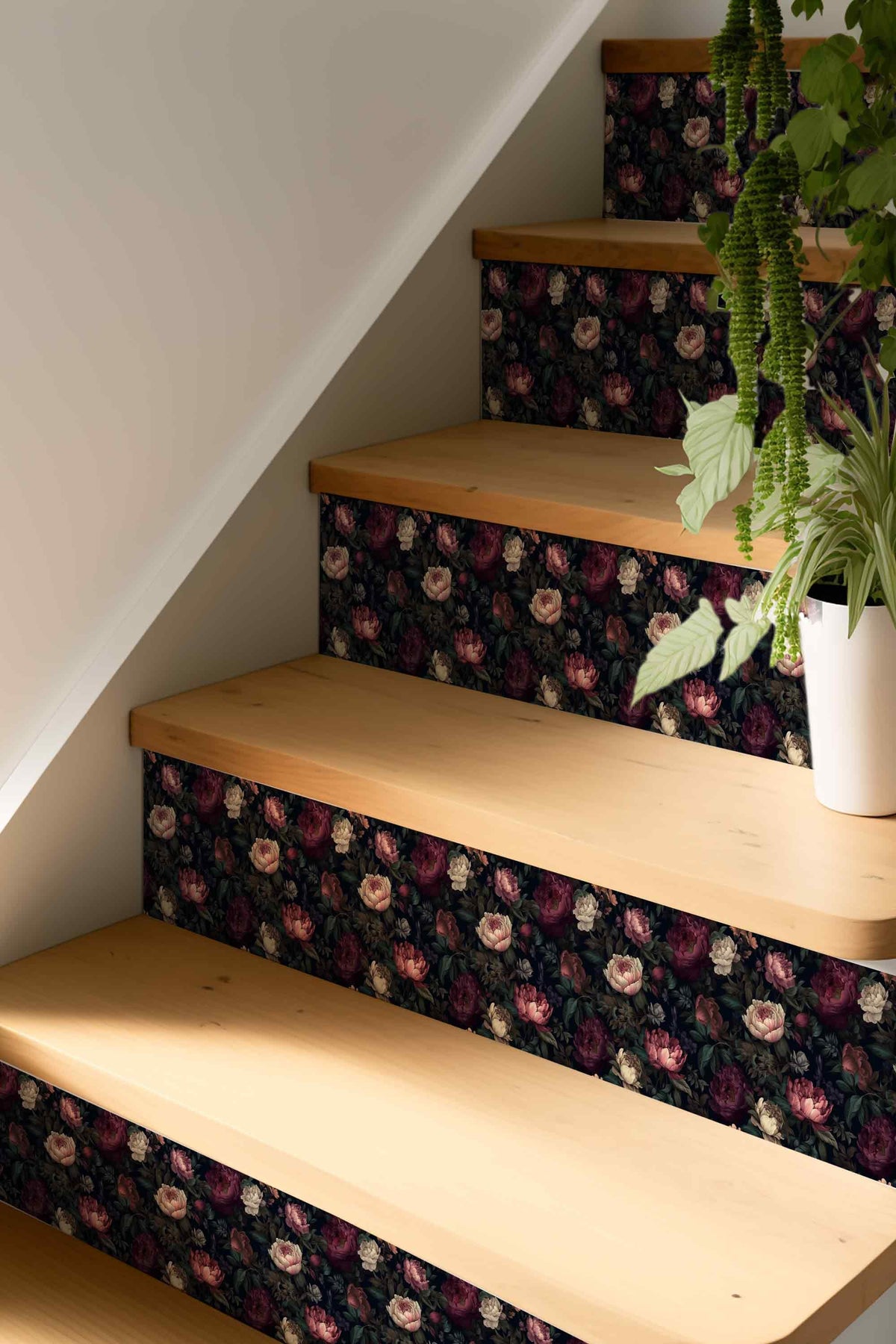 Dark Floral Peony peel and stick stair riser decals, photo 6 of 6