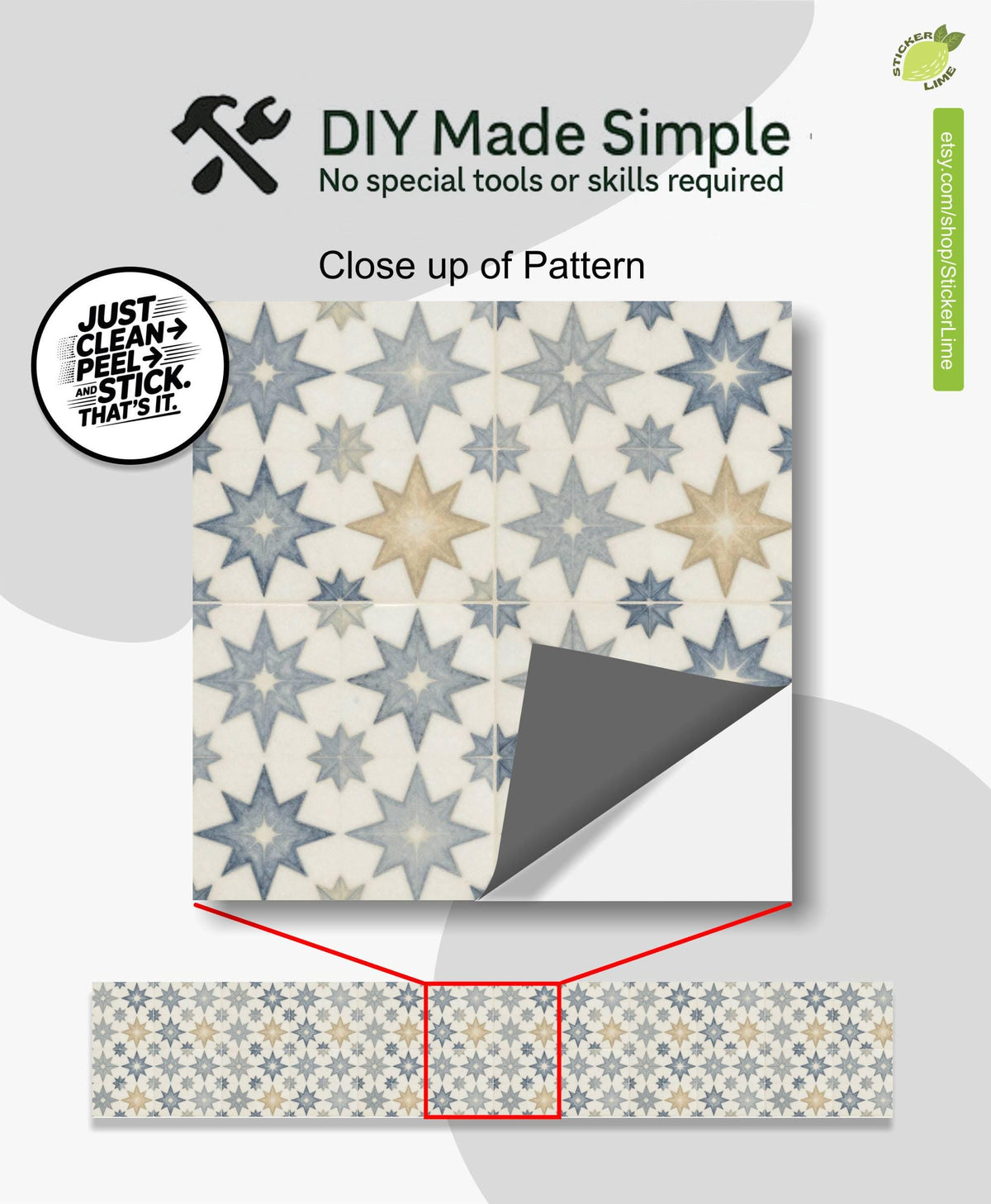 Dusty Blue Geometric Star Mosaic peel and stick stair riser decals, photo 2 of 8