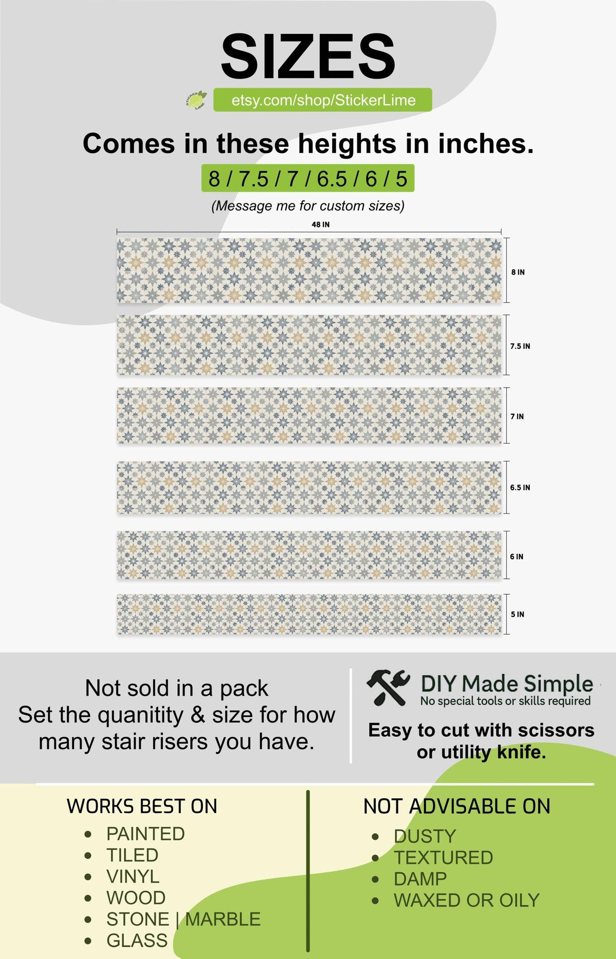 Dusty Blue Geometric Star Mosaic peel and stick stair riser decals, photo 3 of 8