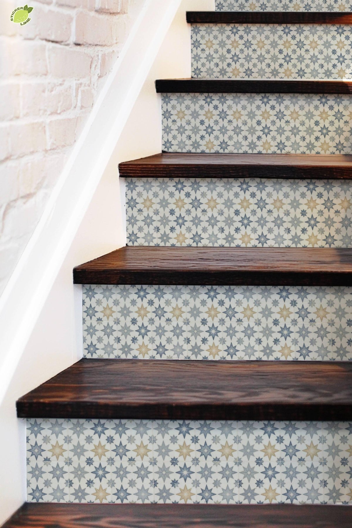 Dusty Blue Geometric Star Mosaic peel and stick stair riser decals, photo 5 of 8