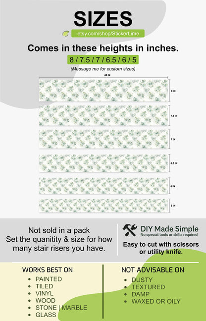 Ethereal Eucalyptus Watercolor Botanical peel and stick stair riser decals, photo 3 of 8