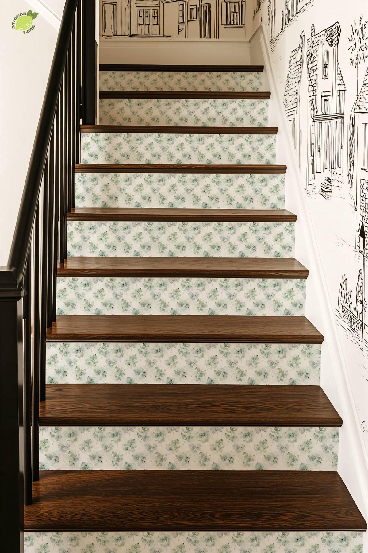 Ethereal Eucalyptus Watercolor Botanical peel and stick stair riser decals, photo 4 of 8