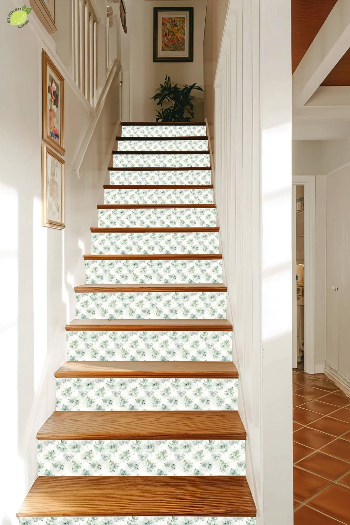 Ethereal Eucalyptus Watercolor Botanical peel and stick stair riser decals, photo 7 of 8