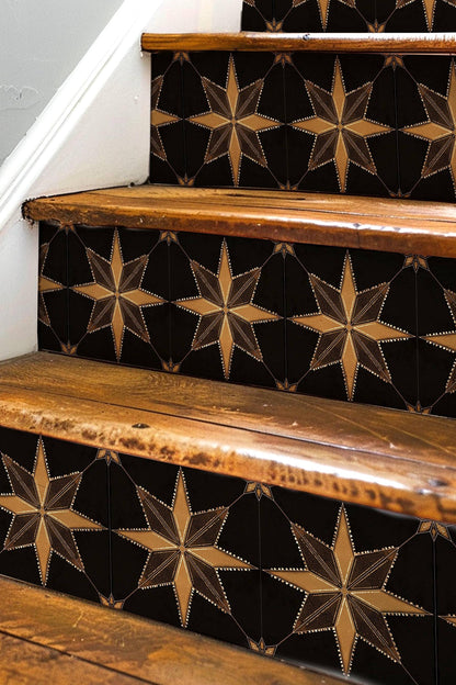 Black & Gold Boho Star Tile peel and stick stair riser decals