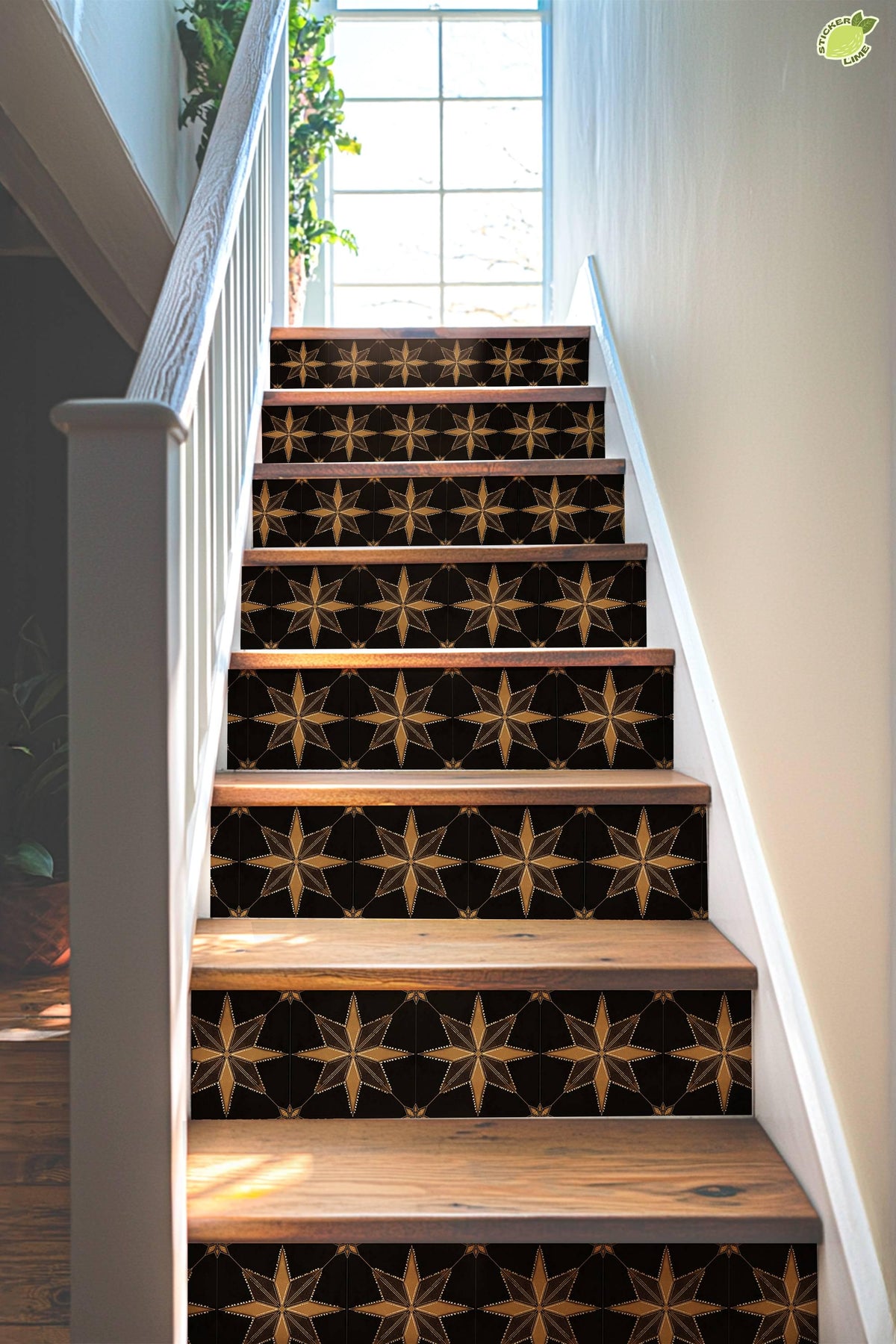 Black & Gold Boho Star Tile peel and stick stair riser decals, photo 2 of 8