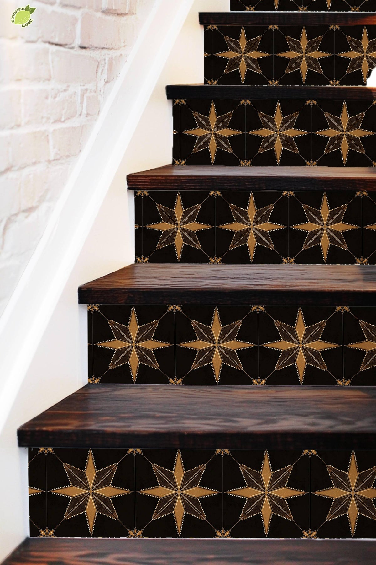Black & Gold Boho Star Tile peel and stick stair riser decals, photo 4 of 8