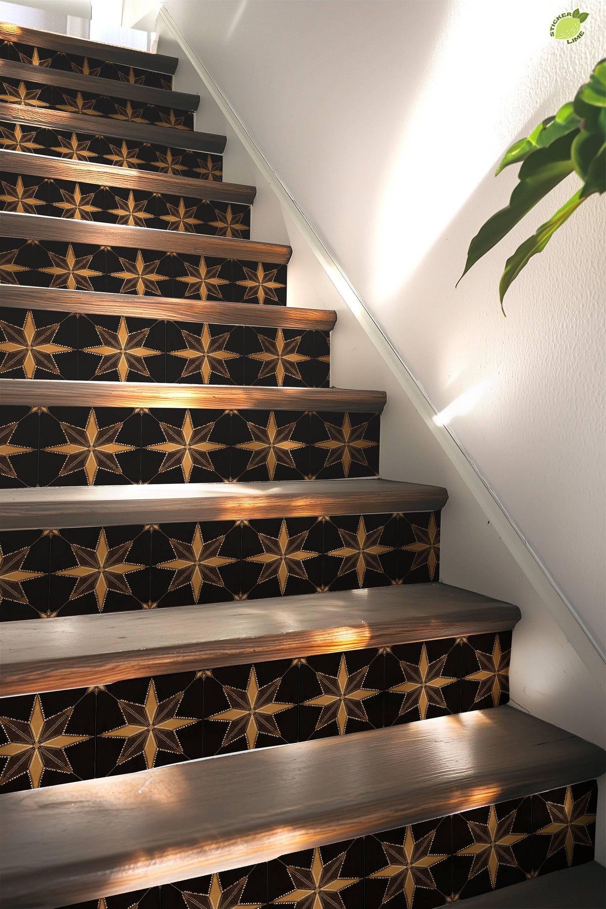 Black & Gold Boho Star Tile peel and stick stair riser decals, photo 5 of 8