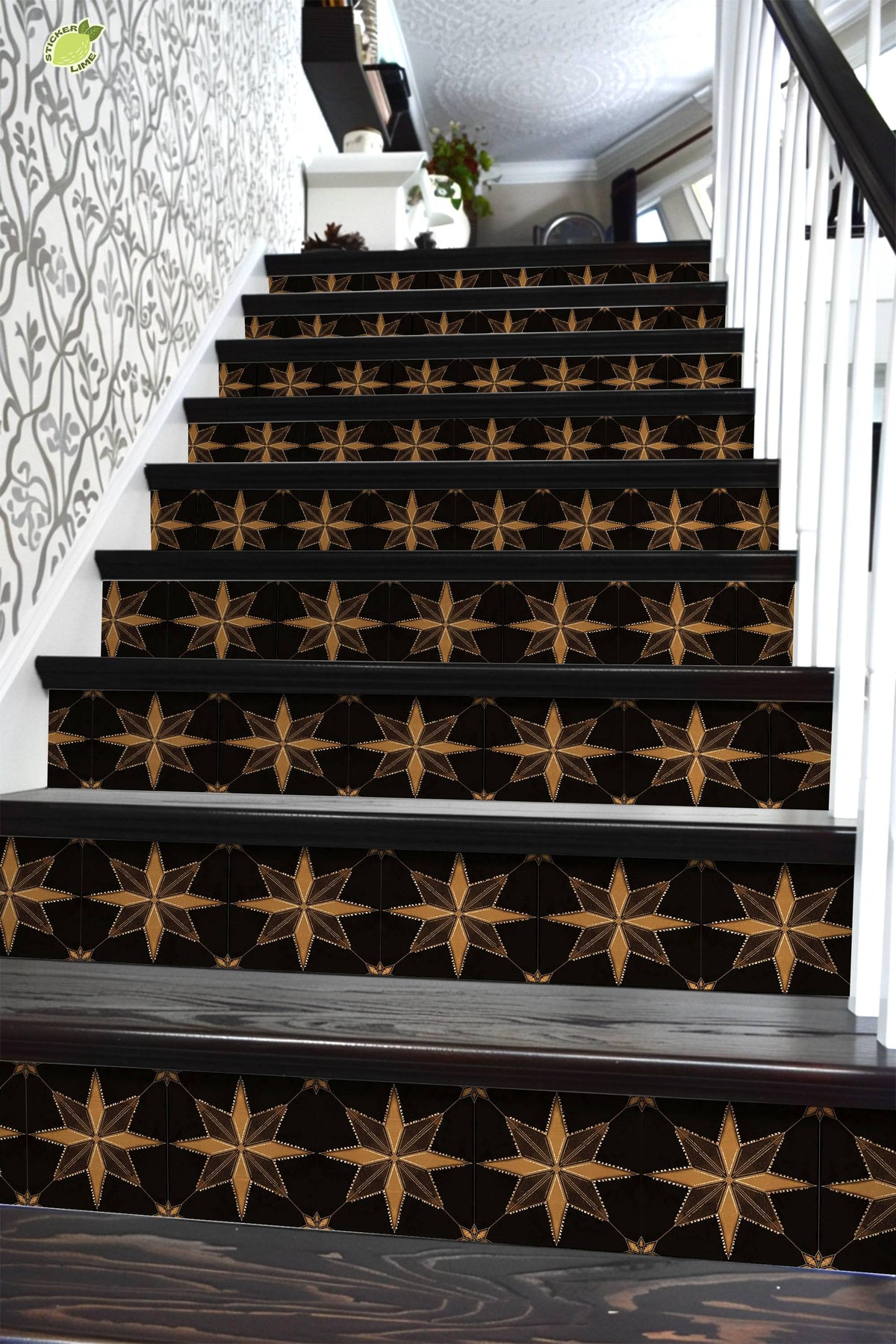 Black & Gold Boho Star Tile peel and stick stair riser decals, photo 6 of 8