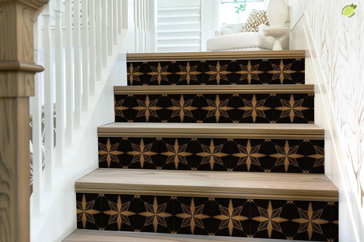Black & Gold Boho Star Tile peel and stick stair riser decals, photo 7 of 8