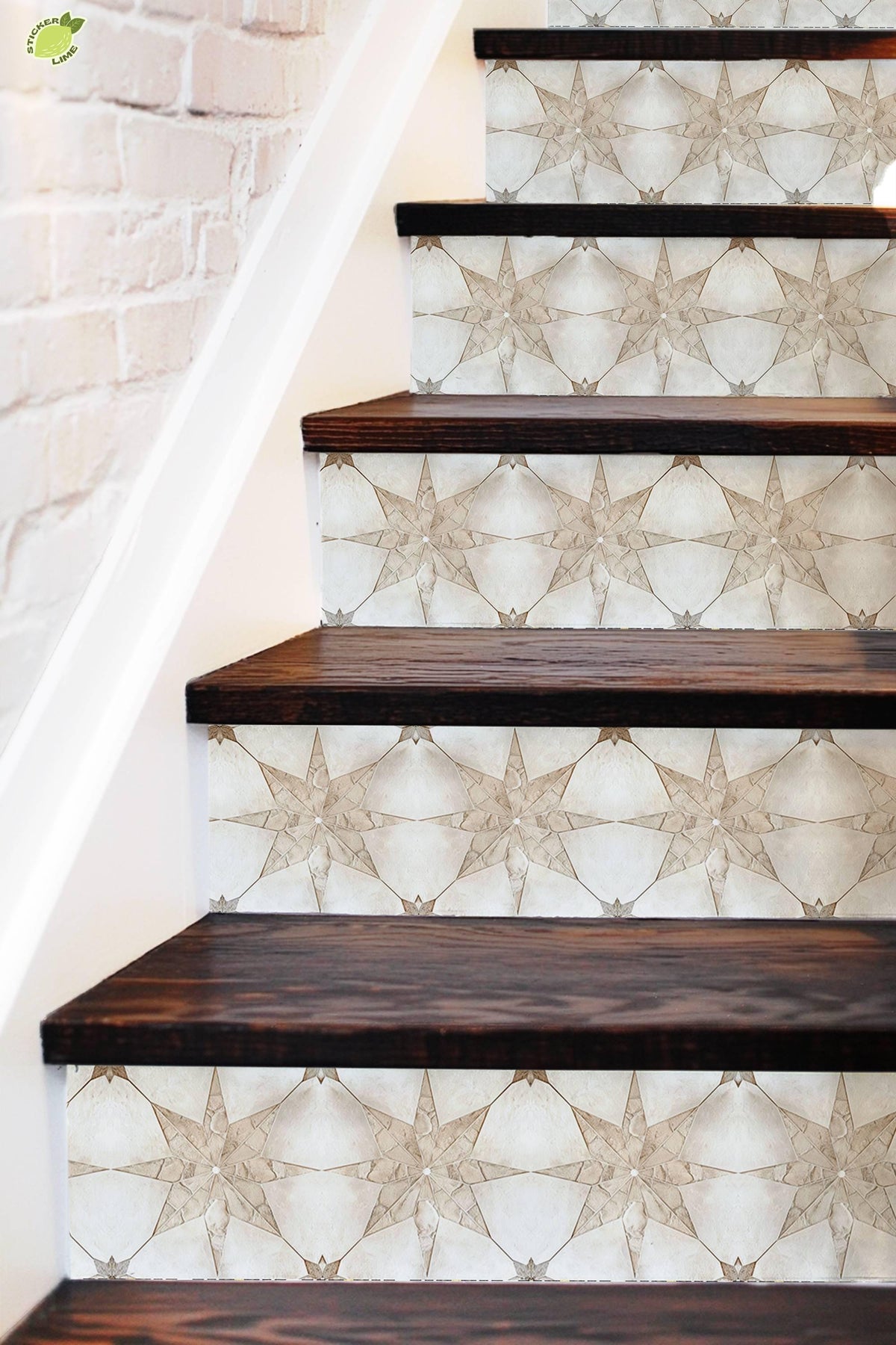 White & Beige Boho Star Tile peel and stick stair riser decals, photo 3 of 8