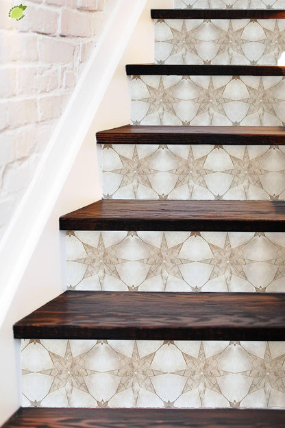 White & Beige Boho Star Tile peel and stick stair riser decals, photo 3 of 8