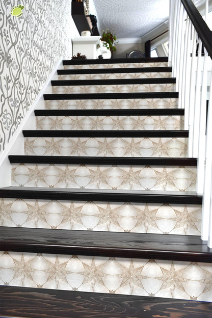 White & Beige Boho Star Tile peel and stick stair riser decals, photo 6 of 8