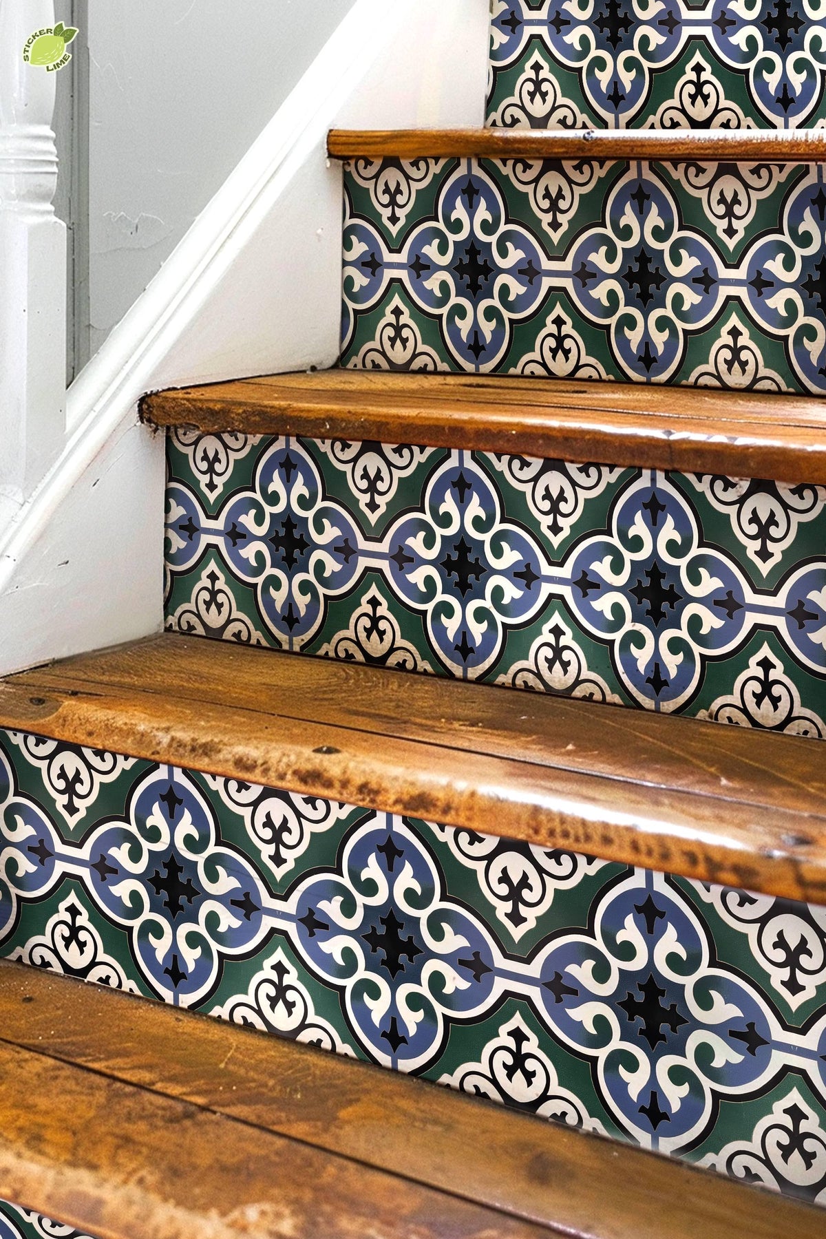 Blue & Green Moroccan Tile peel and stick stair riser decals, photo 2 of 8