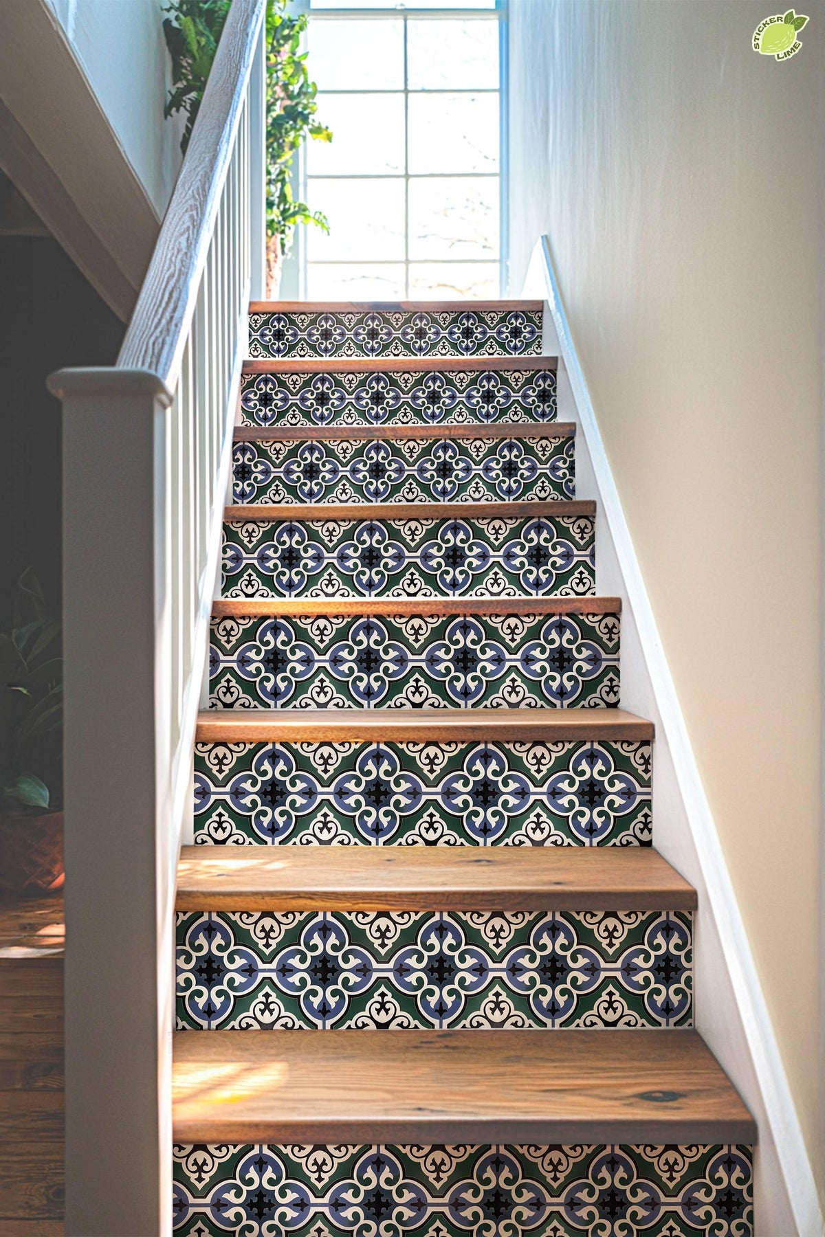 Blue & Green Moroccan Tile peel and stick stair riser decals, photo 4 of 8
