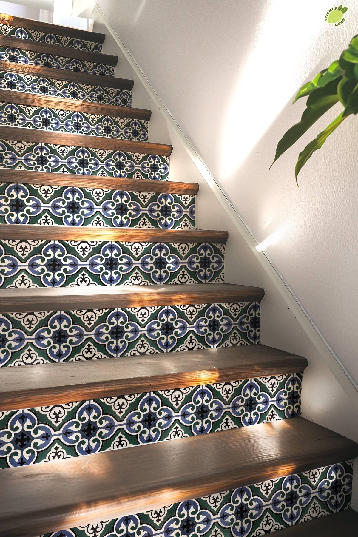 Blue & Green Moroccan Tile peel and stick stair riser decals, photo 5 of 8