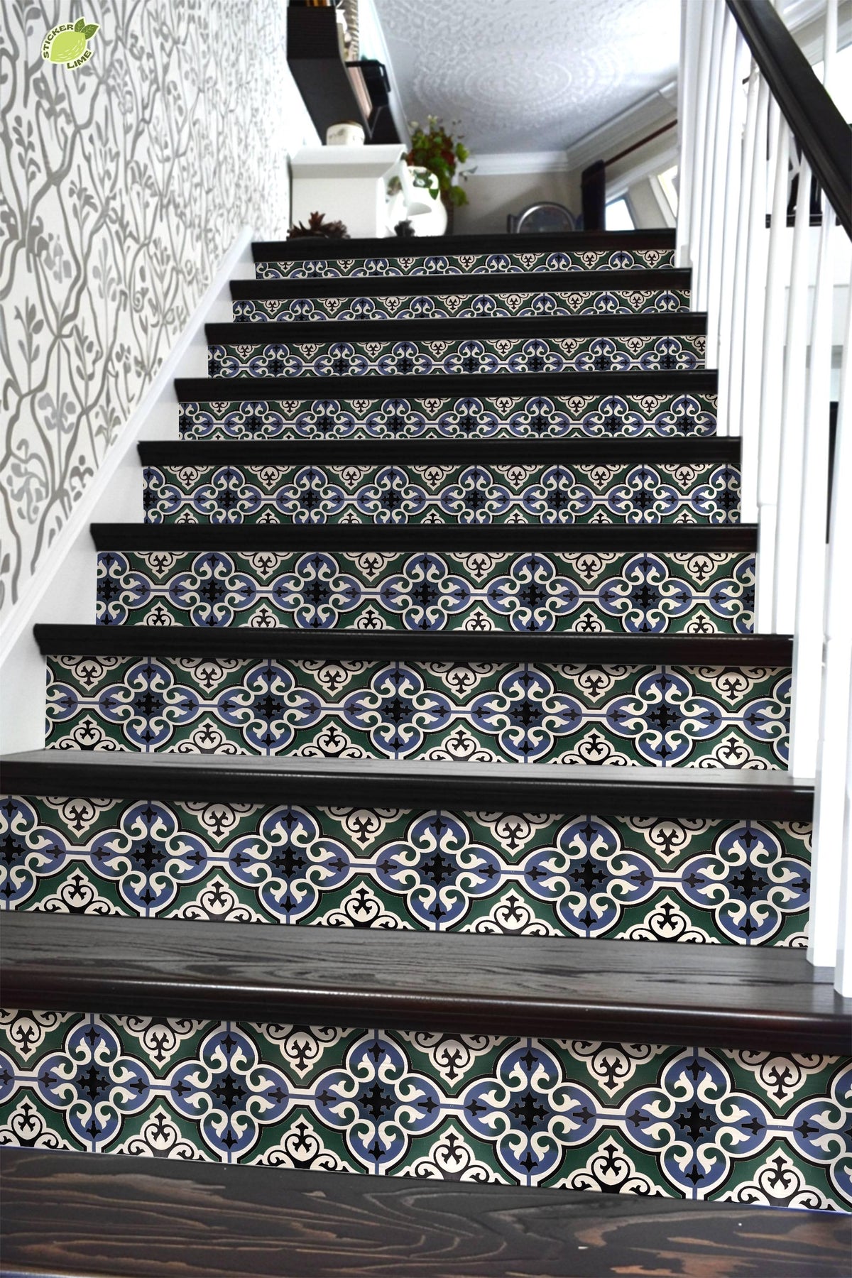 Blue & Green Moroccan Tile peel and stick stair riser decals, photo 6 of 8