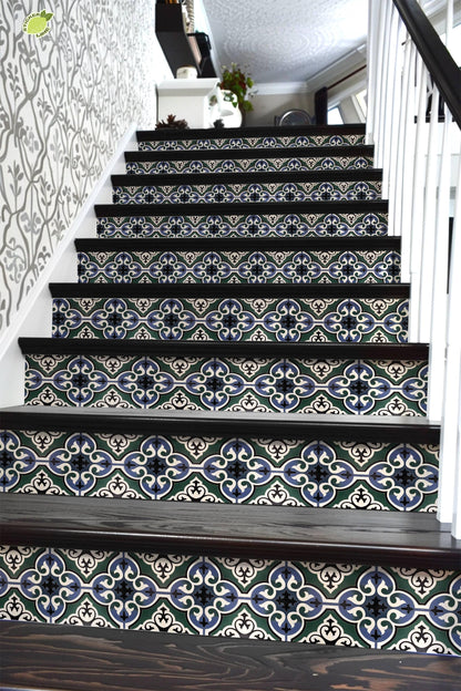 Blue & Green Moroccan Tile peel and stick stair riser decals, photo 6 of 8