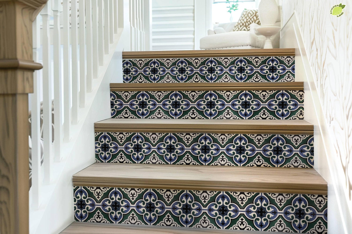Blue & Green Moroccan Tile peel and stick stair riser decals, photo 7 of 8