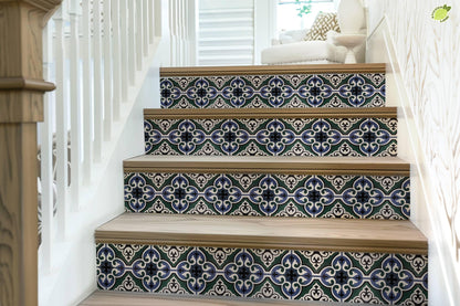 Blue & Green Moroccan Tile peel and stick stair riser decals, photo 7 of 8